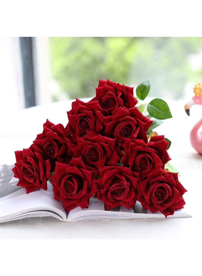 12pcs Artificial Roses Velvet Flowers with Long Stem Fake Roses Bouquet DIY for Home Garden Wedding Decor (Dark Red) - Image 3